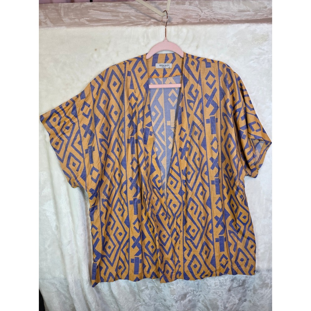 Grand Greece Anthropologie Kimono Cardigan Yellow blue Geometric Viscose Top
